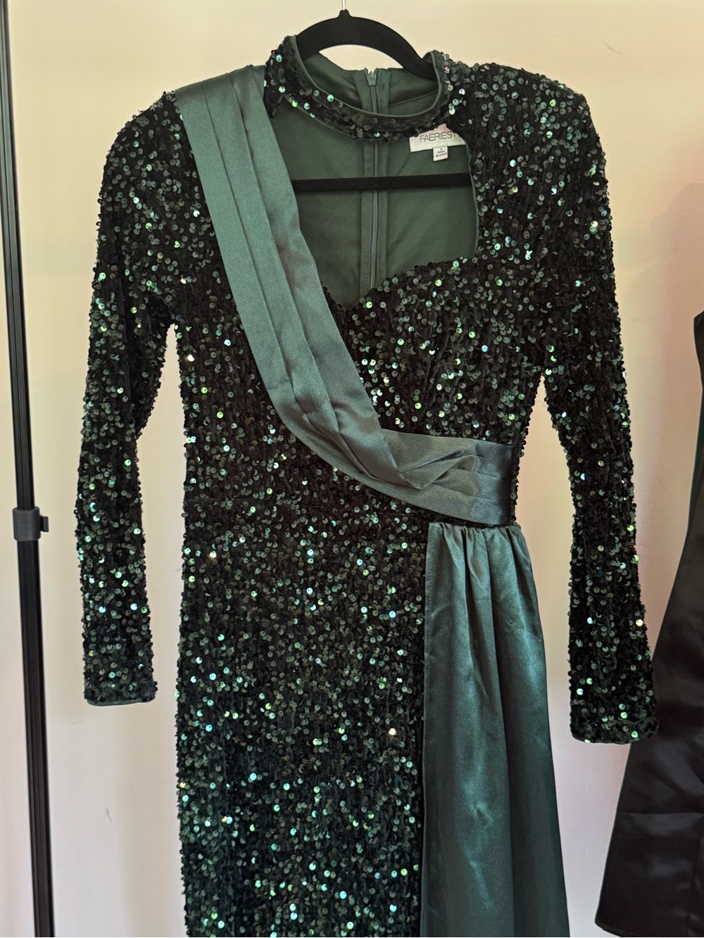 Emerald Sequin Long Sleeve Evening Dress with Sash
